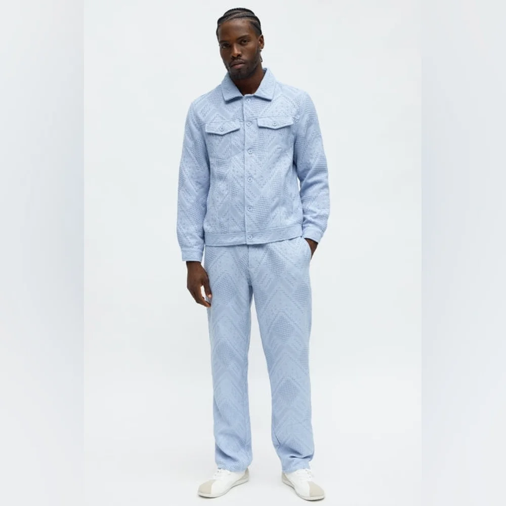 Relaxed Twist Weave Textured Trucker Jacket - Light Blue